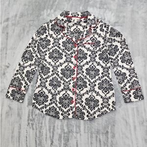 NEW Soma Pajama Top Womens S Black Red Damsel Embraceable Long Sleeve Satin Trim